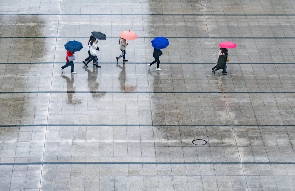 rain, people, umbrellas, wet, weather, nature, thunderstorm